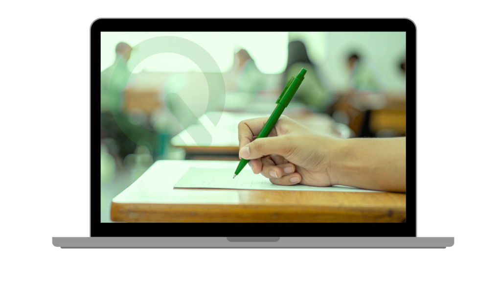 Laptop displaying an online exam in progress, illustrating remote proctoring and online exam security.